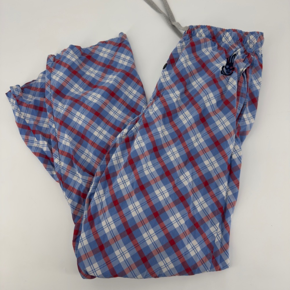 Psycho Bunny Mens Plaid Pajama Pants Blue Red White 100% Cotton Size Small